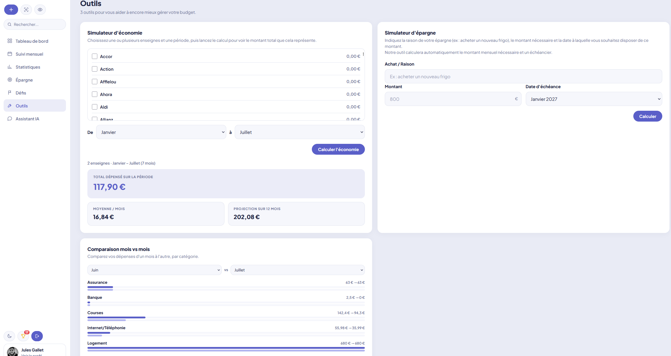 Aperçu de la page Outils de Kompte